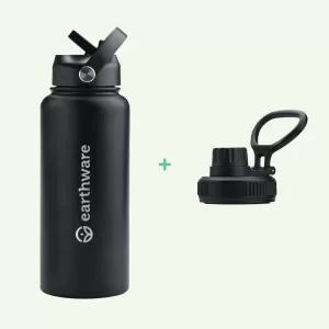 Earth Bottle Premium Insulated Water Bottle with 2 x Caps - Black (1L)